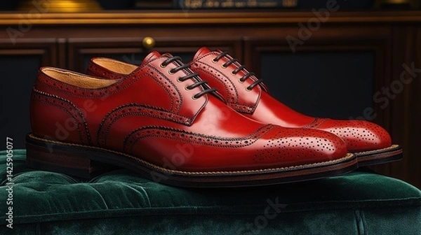Fototapeta Elegant and stylish red leather brogue shoes displayed on a plush velvet surface, showcasing fine craftsmanship and design details