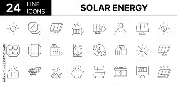 Fototapeta Collection of 24 Solar Energy line icons featuring editable strokes. These outline icons depict various modes of Solar Energy, Solar power, renewable energy, solar panels, 