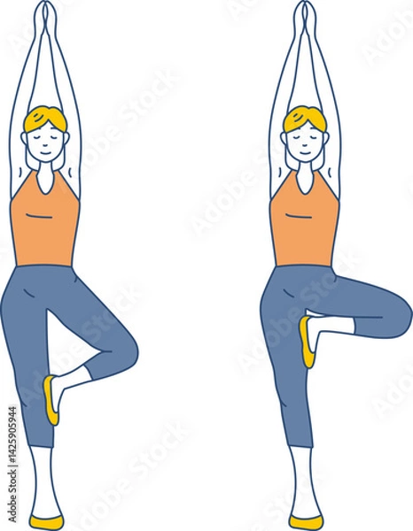 Fototapeta ヨガの木のポーズをしてリラックスしている女性のシンプルイラスト