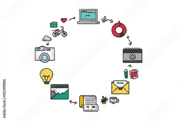 Obraz A series of hand-drawn icons arranged in a circular loop representing the creative process from idea to execution 