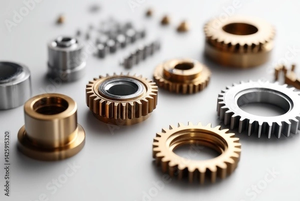 Fototapeta A set of mechanical gears in stages of assembly from scattered parts to a functioning machine