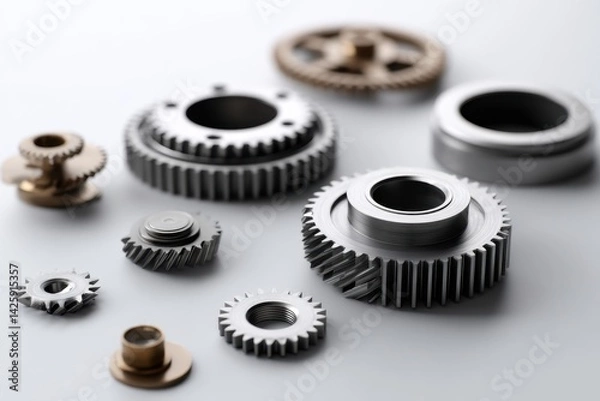 Obraz A set of mechanical gears in stages of assembly from scattered parts to a functioning machine