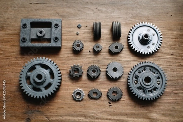 Obraz A set of mechanical gears in stages of assembly from scattered parts to a functioning machine