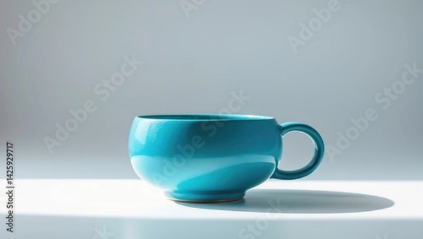 Fototapeta Decorative blue and turquoise cup on white background, vintage handmade mug for tea, coffee, or milk with a single handle