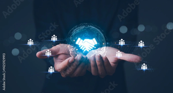 Fototapeta Business ecosystems and partnerships concept. Business collaboration strategies. Acquisition network of organizations to create value for customers acquisition, business deal agreement concept.
