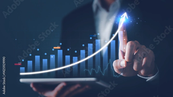 Fototapeta Stock market trading. Businessman discussing and analysis graph stock. Stock chart concept. Investment stock market.2024 to 2025 business financial plan market concept, performance of profit growth.