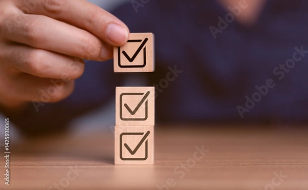 Fototapeta Checklist concept, business person checklist tick answer sign in checkbox, validation online questionnaire quality control document, man use pen to tick correct sign mark in checkbox form.