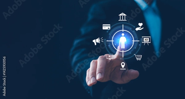 Fototapeta Target customer, buyer persona, customer behavior concept. Marketing plan and strategies. Personalization marketing, customer centric strategies. Businessman showing on screen to target customer.