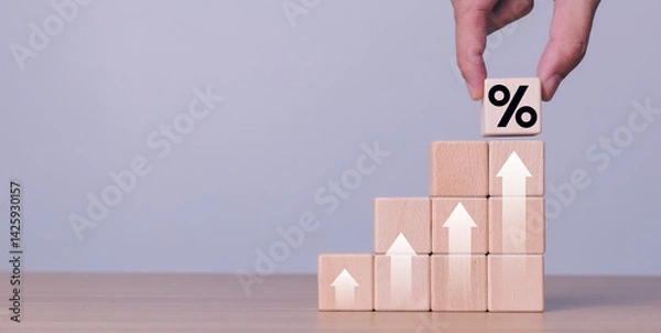 Fototapeta Interest rate chart, interest rate finance and mortgage rates concept, high percentage symbol and up arrow, Interest rates continue to increase, investment growth percentage and interest on deposits