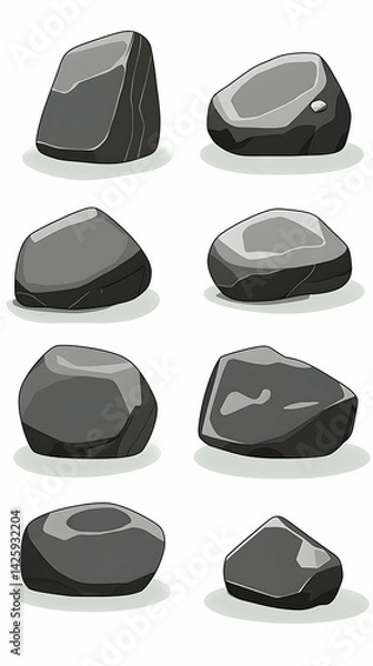 Fototapeta Collection of various gray stones, isolated on white background; useful for game design or website illustration