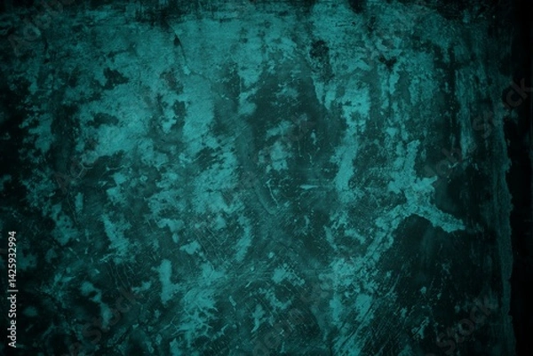 Fototapeta cracked wall background with light green rays, The background is a combination of dark green and black on the side there is a dark vignette