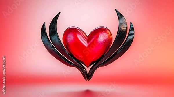 Fototapeta A glossy red heart sculpture held by elegant black hands against a soft pink gradient background