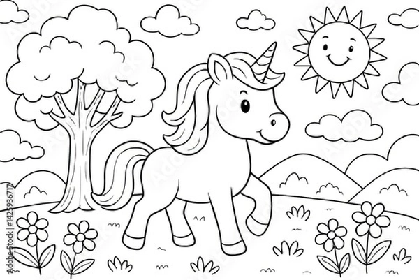 Fototapeta Cute Unicorn in a Sunny Meadow Line Art Illustration