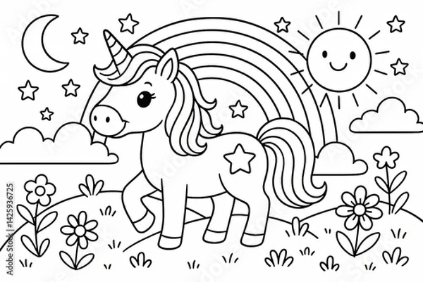 Fototapeta Cute Unicorn in a Magical Meadow with Rainbow and Stars