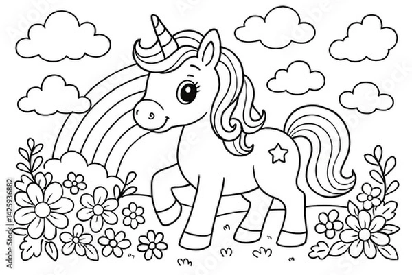 Fototapeta Cute Unicorn in Flowery Meadow with Rainbow