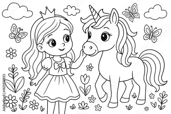 Obraz Princess and Unicorn Coloring Page: Cute Line Art Illustration
