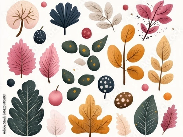 Obraz Autumnal leaf  berry collection illustrated whimsically