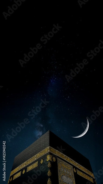 Obraz Kaaba, Ramadan crescent is rising and the starry sky	