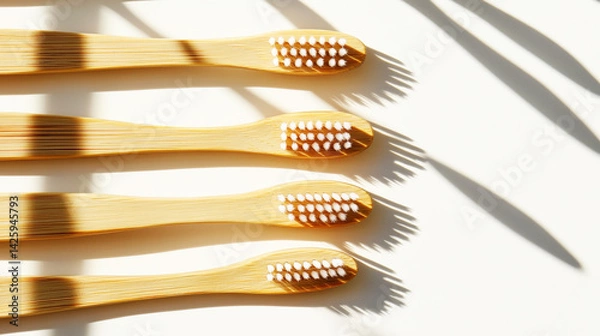 Obraz Top view of bamboo toothbrushes with strong shadows on clean background, eco-friendly lifestyle concept. Generative AI