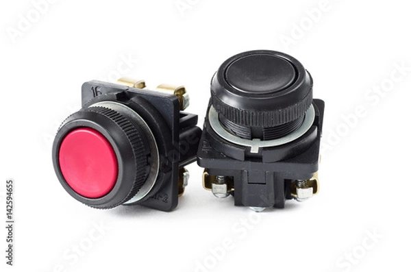 Fototapeta Pushbutton switches red and black on a white background