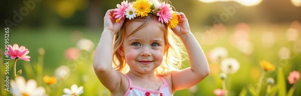 Fototapeta Bambina Che Fa Una Corona Di Fiori In Un Prato