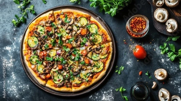 Obraz Homemade Pizza with Roasted Zucchini Mushrooms