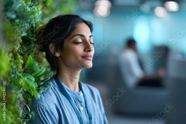 Fototapeta A stressed Indian female employee (mid-30s) taking a mindful pause in an office breakout room with calming greenery and meditation pods.
