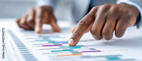 Obraz Hands pointing at colorful graphs and charts, showcasing data analysis and project planning with professional touch