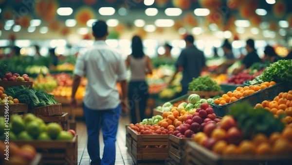 Obraz Customer purchasing fresh groceries with a softly blurred background and bokeh effects