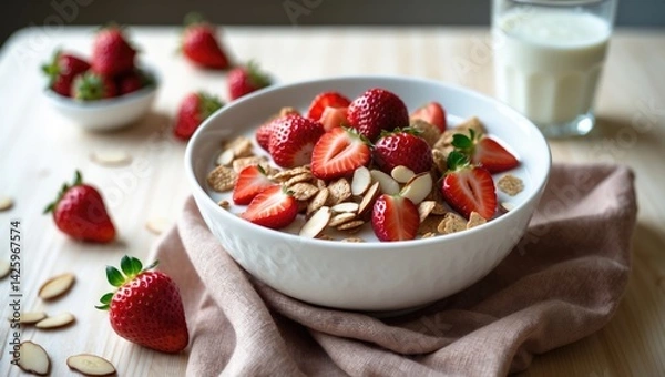 Fototapeta Breakfast cereal bowl topped with sliced almonds and chopped strawberries