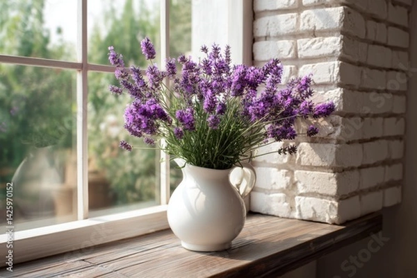 Fototapeta Blooming lavender in a white ceramic vase on a windowsill with rustic decor and natural daylight
