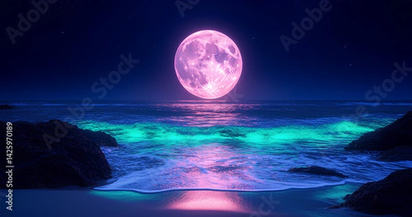 Fototapeta Pink Moonlit Beach at Night

