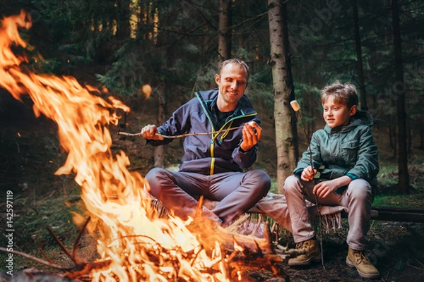 Obraz Father and son roast marshmallow candies on campfire