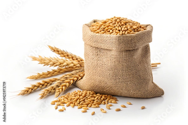 Fototapeta Burlap Sack Filled with Wheat Grains and Golden Wheat Stalks Isolated on White
