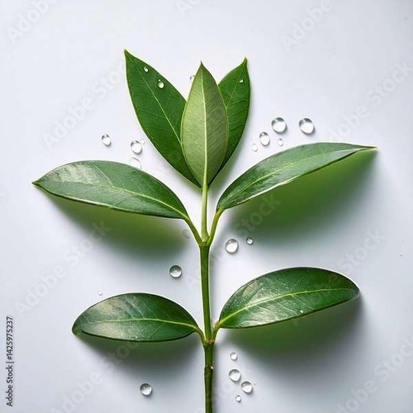 Fototapeta Green Leaves with Dew Drops on White Background - Nature and Freshness Concept