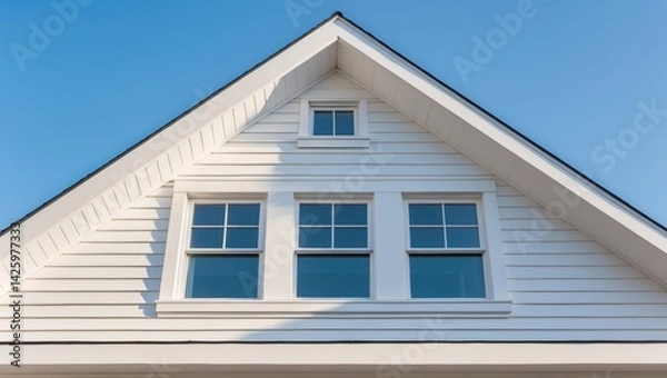 Obraz White wood accents enhance roof lines and window surrounds with vinyl siding, triangular gable featuring horizontal siding, fascia, and attic window frame