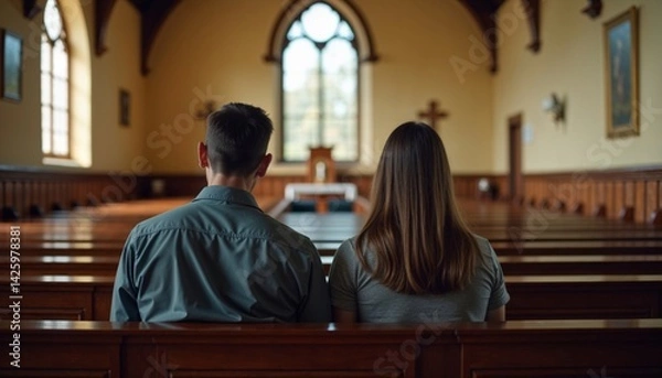 Obraz Couple with serene mood praying before wedding ceremony in empty church, symbolizing love and faith against sacred backdrop