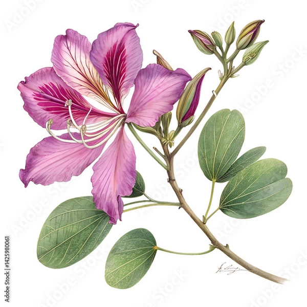 Obraz Watercolor Bauhinia purpurea, green leaves isolated on transparent background