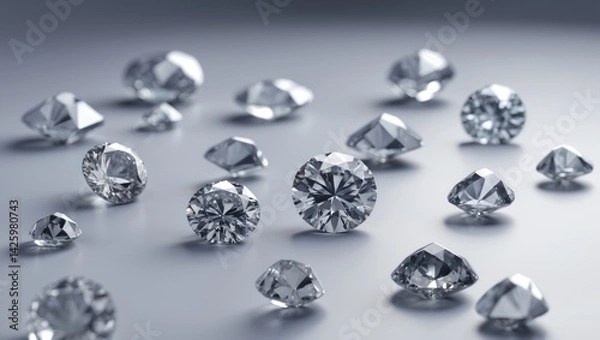 Fototapeta Numerous sparkling diamonds arranged on a white background, flat lay