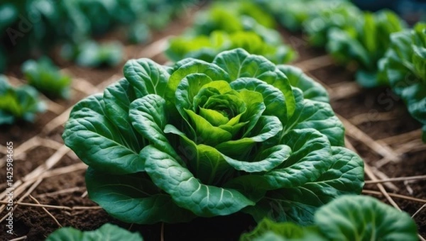 Fototapeta Closeup of mustard greens growing on a vegetable plot with a blurred background