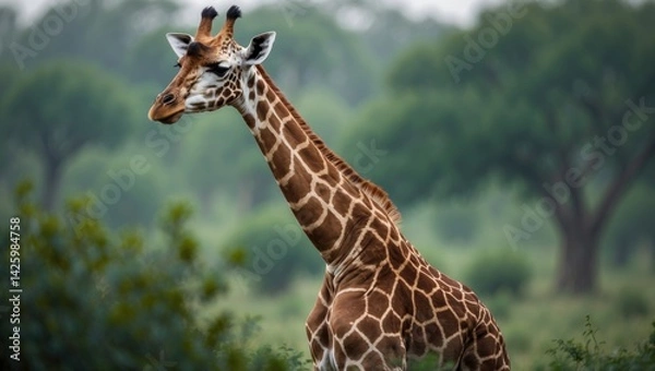 Obraz A magnificent reticulated giraffe towering in the savanna, with detailed coat patterns contrasting against the vibrant green environment.