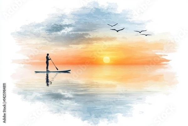 Fototapeta Serene Paddle Boarding at Sunset with Calm Waters and Flying Birds