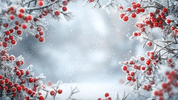 Fototapeta Snow-covered board frame framed by branches with red berries covered in frost