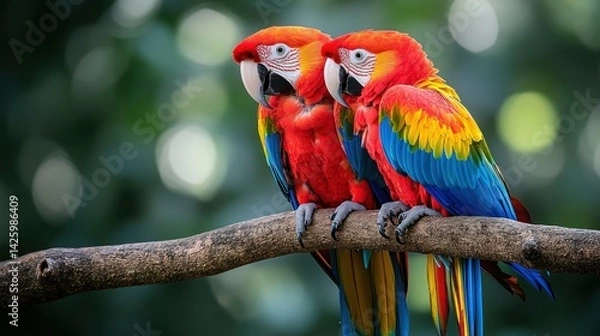 Fototapeta Two vibrant macaws perched on a branch