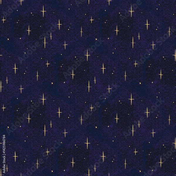 Fototapeta Seamless pattern of glowing yellow stars on dark blue background in grainy retro texture. Starry night style