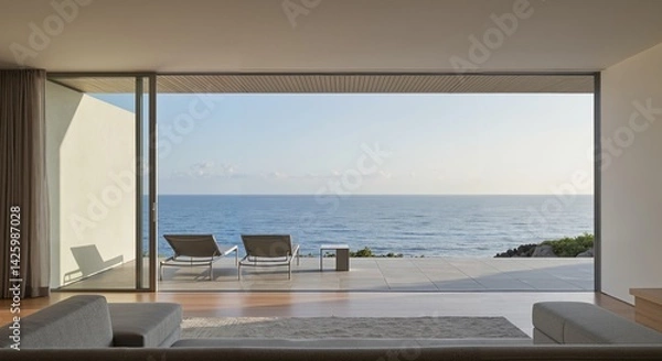 Obraz Sea View Living:  A contemporary living space with expansive glass doors that seamlessly connect the interior with a breathtaking ocean view representing all-inclusive resorts
