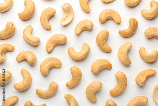 Fototapeta Raw Cashew Nuts Scattered on White Background in Close-Up Top View