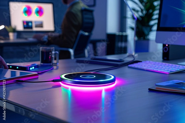 Fototapeta Sleek wireless charging pad with vibrant light patterns in a high-tech office. Generative AI