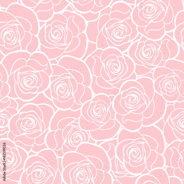 Obraz Vector seamless pattern with white roses contours on pink.