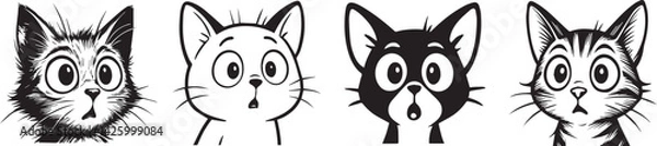 Obraz Vectorized Cartoon Cat Faces 4 Unique Black and White Ink Style Illustrations with Surprised Expressions editable colors